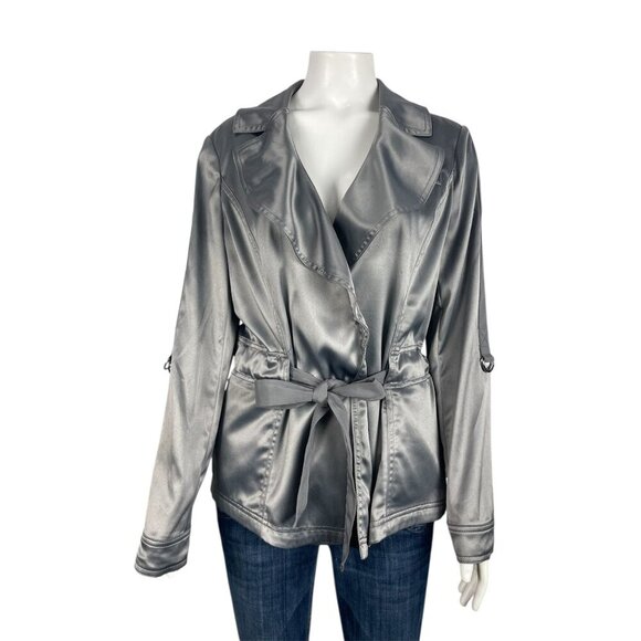 White House Black Market Jackets & Blazers - White House Black Market Satin Tie Jacket 8 Gray Silver Roll Tab Sleeves